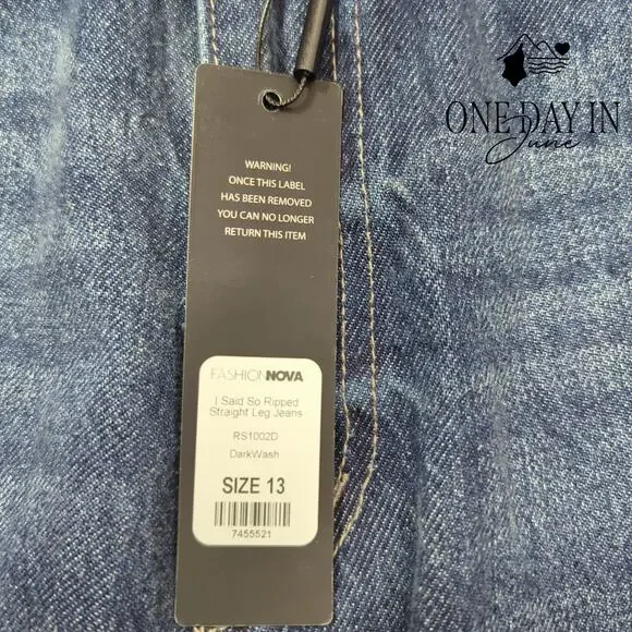 Fashion Nova Juniors I Said So Ripped Straight Leg Jeans Size 13 - Picture 2 of 8